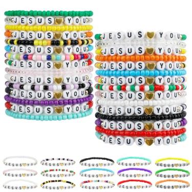 Imagem de Galaton 30 pulseiras Jesus Loves You a granel pulseiras de amizade feitas à mão com contas de argila cristãs para mulheres e homens pulseiras coloridas religiosas de amizade presentes de lembrete