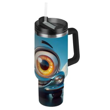 Imagem de Joisal Copos com tampa e canudos de desenho animado engraçado carro 1,134 g copo com alça carros à prova de vazamento garrafa de água isolada carros de aço inoxidável caneca de café bebida quente