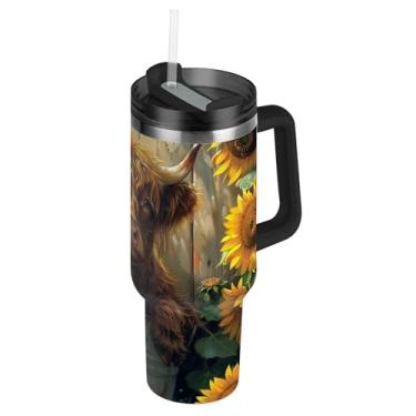 Imagem de Joisal Copos de aço inoxidável com tampas e palha vaca highland girassóis carros caneca de café bebida quente copo grande com alça garrafa de água isolada 1,134 g