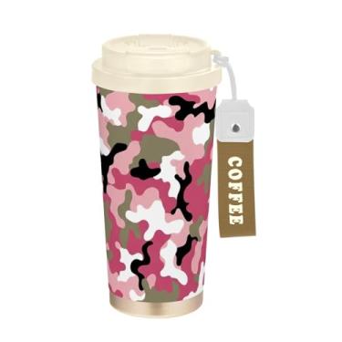Imagem de TSENQUE Copo de café de viagem 473 ml com tampa de canudo e filp, revestimento cerâmico, isolamento a vácuo, aço inoxidável, copo de café para viagem, à prova de vazamento, camuflagem rosa