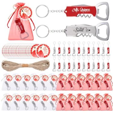 Imagem de Potchen 24 conjuntos de lembrancinhas de festa de quinze anos para convidados de 15 anos de idade chaveiro abridor de garrafas sacos de organza cartões de agradecimento com corda presente de quinze
