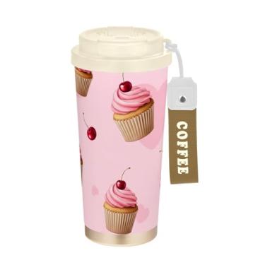 Imagem de TSENQUE Caneca de café de viagem de 473 ml, copo de café com revestimento cerâmico com tampa e palha, copo isolado a vácuo de aço inoxidável, cupcakes rosa fofos cereja