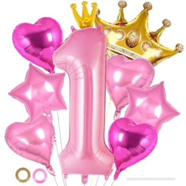 Imagem de Balões de aniversário de princesa, conjunto de balões rosa com coroa número 1 de 101 cm, coroa de estrela de coração, balões de alumínio para meninas, decoração de festa de primeiro aniversário de