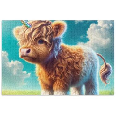 Imagem de Quebra-cabeça fofo unicórnio gado highland adultos 1000 peças animal floral divertido elefante branco presentes engraçados