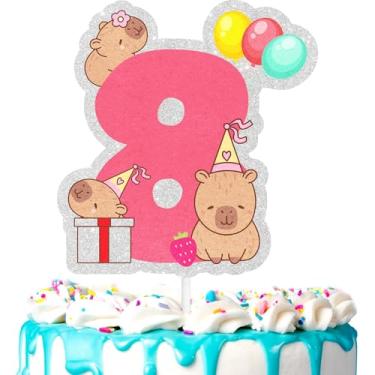 Imagem de Lindo enfeite de bolo capivara infantil 8º animal selvagem temático feliz zoológico, festa de aniversário para amantes de capivara para meninos e meninas, festa animal, suprimentos de decoração de