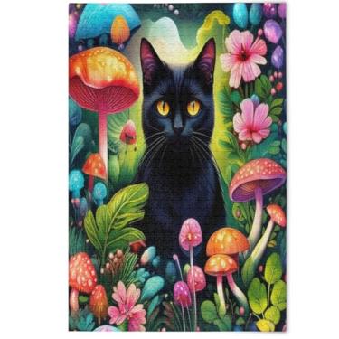 Imagem de Cool Black Cat Vibrant Animal Jigsaw Puzzles 500 Pieces Adults Cute Animal Floral Art Family Fun Puzzles Fun Silly, 500 Pieces, 20.5" x 14.9"