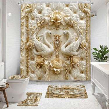 Imagem de NBVKO Conjunto de 4 peças de cortinas de chuveiro estampadas com relevos de cisne de luxo com 12 ganchos tapetes antiderrapantes, tampa de vaso sanitário e tapete de banho, decoração de banheiro