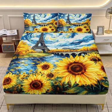 Imagem de AILONEN Jogo de cama Queen com girassol amarelo, Torre Eiffel, para meninas e mulheres, estilo óleo, floral, Van Gogh, lençol com elástico, 2 fronhas, 3 peças