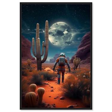 Imagem de Arte de parede de astronauta com impressão em tela Desert Planet Drifter por Art Remedy, moldura preta, 50 x 76 cm
