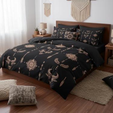 Imagem de CCoutueChen Conjunto de edredom preto gótico, tamanho Queen, boêmio, caveira, microfibra, decoração de quarto com tema tribal aconchegante para adultos/mulheres