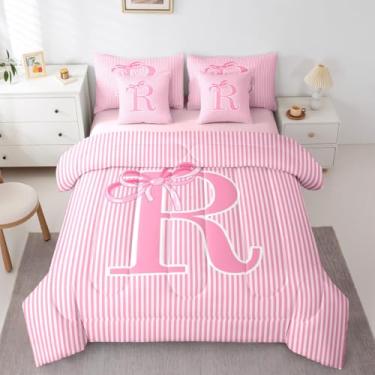 Imagem de Feelyou Conjunto de edredom completo com laço rosa com laço de princesa, 7 peças, personalizado, letra R, decoração de quarto de microfibra macia