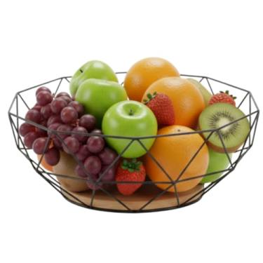 Imagem de Fruteira Aramada Decorativa Geometrica Ferro e Madeirra Preta com Base em Madeira, 27x27x10 Design Moderno para Cozinha
