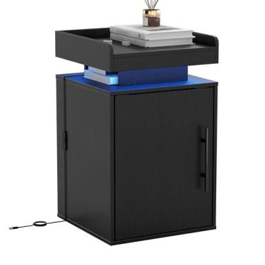 Imagem de Suuiwau Mesa de cabeceira de quarto com luz LED de 50 cm de altura com prateleiras ajustáveis, mesa de cabeceira de madeira com portas magnéticas, mesa de canto moderna para quarto, sala de estar