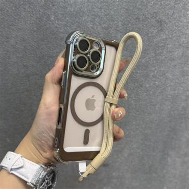 Imagem de Capa com cordão de duas cores para iPhone 16, 15, 14 Pro Max Plus 12, 13, 11, alça de pulso, airbag, capa transparente, cáqui, para iPhone 16 Pro Max