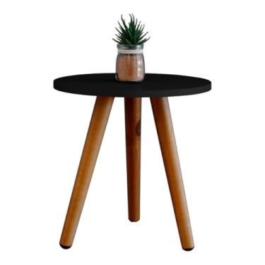 Imagem de Mesa Lateral Redonda, Tampo Branco com Pés em Madeira, Estilo Escandinavo, Mesa de Apoio para Sala (Preto)