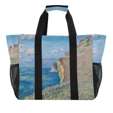 Imagem de Sacola reutilizável para compras de pano de férias Claude Monet pintura Cliff Beach Bags for Women Totes Cute Pink Laundry Pool Tote Boat Bag Big Waterproof