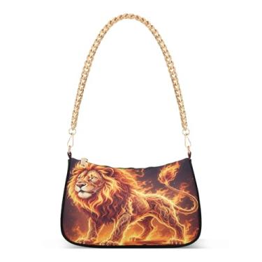 Imagem de Bolsa de ombro Fierce Lion Blazing Fire com corrente dourada, estampa artística Hobo para mulheres, bolsa clutch média moderna
