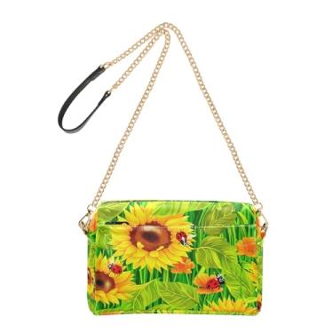Imagem de Joitme Bolsa de ombro feminina, girassóis amarelos, folhas verdes, bolsa tiracolo de couro PU, bolsa de ombro com alça de corrente para celular