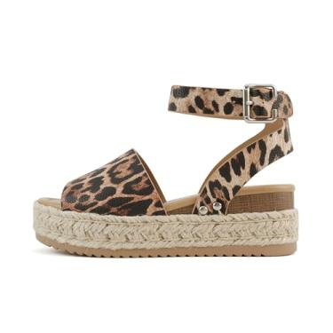 Imagem de Soda Topic Sandália casual com fivela de bico aberto e tira no tornozelo, alpargatas, plataforma plana, Oncinha natural, 38