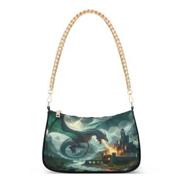 Imagem de Bolsa de ombro de corrente legal dragão verde, bolsa Hobo artística para mulheres, bolsa média moderna com grande capacidade