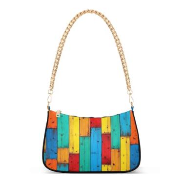 Imagem de Bolsa de ombro colorida de corrente listrada de madeira, linda bolsa de mão média para mulheres, bolsa de mão Hobo moderna com grande capacidade