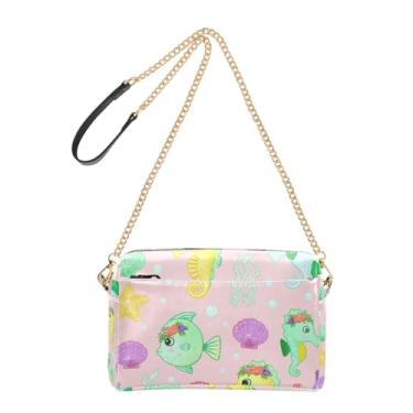 Imagem de Joitme Bolsa feminina com desenho animado de criaturas marinhas fofas, bolsa tiracolo para celular, bolsa de ombro de couro sintético com alça de corrente