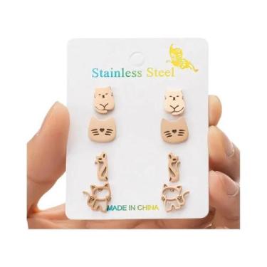 Imagem de Brincos De Gato Fofos 4 Pares Em Aço Inoxidável Joias De Moda Para Mul