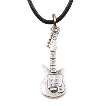 Imagem de EDCRFV Colar pingente de guitarra tibetana prata berloque cordão de couro preto feito à mão