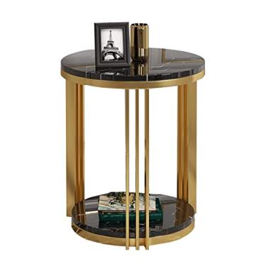 Imagem de Mesa de centro de mármore branco para sala de estar ou escritório, mesa de centro redonda de coquetel com decoração de borda dourada, mármore e ouro (cor: branco) (preto)