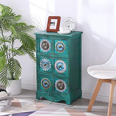 Imagem de Mesa de cabeceira vintage com 3 gavetas mesa de cabeceira de madeira maciça estilo country americano pequeno armário de armazenamento estreito quarto armário lateral pintado (verde 44 x 30 * 75 cm)