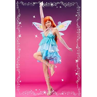 Imagem de Micotaku Winx Club Enchantix Fantasia feminina Bloom Cosplay com asas, Verde e azul, GG