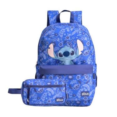 Imagem de Kit Mochila Escolar Feminina + Necessaire Stitch Bloom Azul Escuro - D