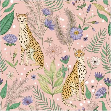 Imagem de Floralplus Papel de parede floral rosa leopardo papel de parede amigável para locatário papéis de parede de animais da selva removíveis para quarto de quarto papel de contato floral para berçário 44,5