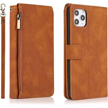 Imagem de GANYUU Capa carteira com zíper para iPhone 14/14 Plus/14 Pro/14 Pro Max, capa de telefone de couro PU premium com alça de pulso slots de cartão suporte capa de notebook flip magnético (cor: marrom, tamanho: 14pro)