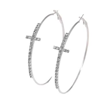 Imagem de Brincos de argola de cruz grande na moda brincos de argola brilhantes brincos de argola extra grandes brincos exagerados brincos de festa de casamento joias formais para mulheres, Zinco, Sem pedra