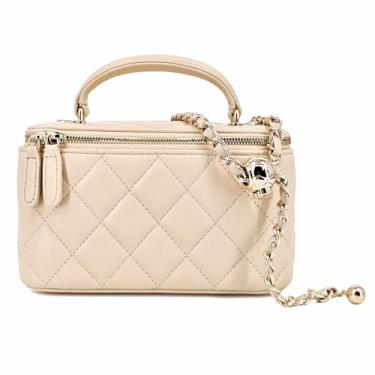 Imagem de M-ioi-M Pequena bolsa de couro genuíno acolchoada para mulheres, mini bolsa de ombro com alça superior com alça de corrente dourada, Bege baunilha (alça destacável), Small, Bolsa com alça superior