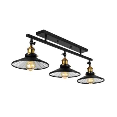 Imagem de Luminária de teto industrial com 3 lâmpadas, preta, design retrô, estilo loft, com cúpula de ferro em formato de guarda-chuva, estilo vintage, soquete E27, ideal para ilha de cozinha, sala d