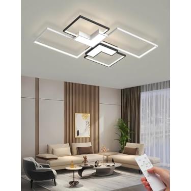 Imagem de Luminária de teto LED 102W moderna retangular preta e branca para sala de estar com controle remoto, dimerizável, de embutir, ideal para hall de entrada, quarto, escritório e sala de estar.
