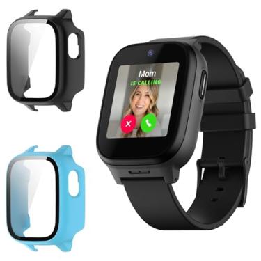 Imagem de beukei Pacote com 2 capas protetoras de tela compatíveis com relógio inteligente Cosmo JrTrack 5 Kids, capa protetora rígida de policarbonato fino para substituição cobertura total (preto + azul)