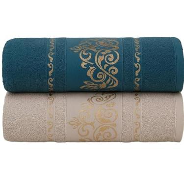 Imagem de Kit 2 Toalhas de Banho Gigante Premium 100% Algodão Macias, Felpudas, Super Absorventes para Banho, Piscina, Ideal para Família e Adultos(Kit 2Toalhas–Bege&Verde)