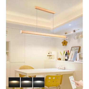 Imagem de Lustre de LED em madeira, estilo moderno, com intensidade regulável, controle remoto e design minimalista para sala de jantar, escritório, bar e uso comercial (cor: madeira, 100 cm de compri