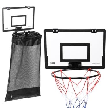Imagem de Cesta de basquete sobre a porta, cesto de roupa suja, cesta de basquete 2 em 1, cesto de roupa suja de madeira com zíper, durável pendurado esportivo lavanderia/cesto de roupas para quarto de crianças