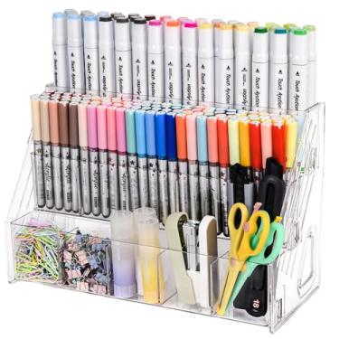 Imagem de CELSOL Organizador de marcadores de acrílico transparente, suporte de armazenamento de suprimentos de arte de mesa, suporte de exibição com vários compartimentos para canetas e suprimentos de