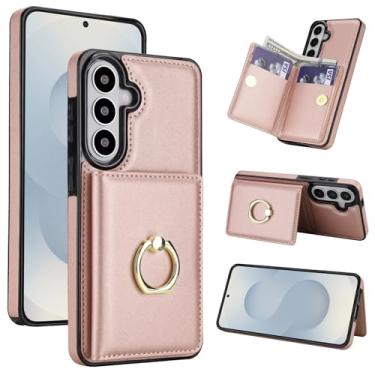 Imagem de Capa carteira para Samsung Galaxy S26 com suporte para cartão, bloqueio RFID, suporte de anel giratório de 360° com fecho magnético à prova de choque (ouro rosa)