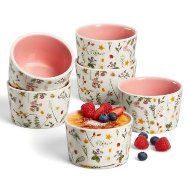 Imagem de ONEMORE Conjunto de 6 ramequins rosa para forno de 170 g, ramekin de cerâmica floral para assar e servir, pratos creme brulee, copos de suflê de pudim de creme, tigelas pequenas de sobremesa para