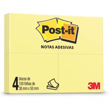 Imagem de Bloco De Notas Adesivas Post-it 38x50 Mm 100 Folhas Amarelo - 4 Unidades - 3m