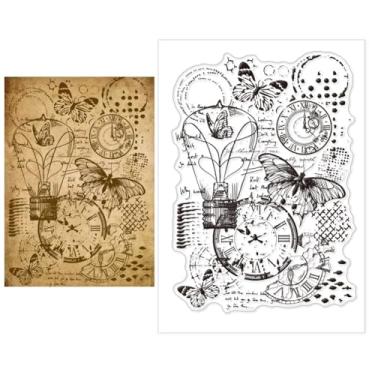 Imagem de 1 folha de carimbos transparentes de plástico PVC, carimbo de silicone com padrão de relógio, estampa de borboleta, para fazer álbuns de fotos faça-você-mesmo, 16 x 11 x 0,3 cm