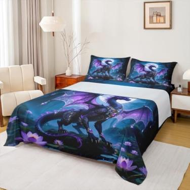 Imagem de Homewish Jogo de cama com dragão exótico, asas roxas, dragão ocidental, animal, céu noturno, lua e selva, lençol com elástico, 2 fronhas, tamanho casal, 4 peças