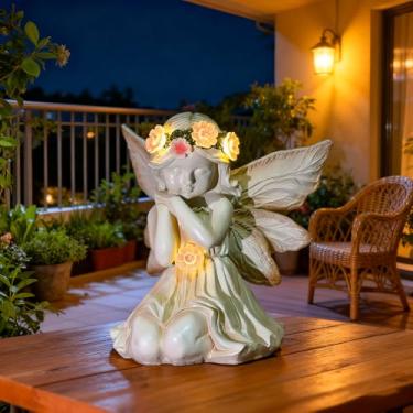 Imagem de AVEKI Estátua de anjo solar para jardim e cemitério, estatuetas de anjo de resina com lanternas solares impermeáveis ao ar livre, esculturas de anjo para jardim, gramado, pátio, varanda, varanda