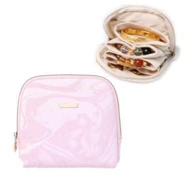 Imagem de E-Tree Pequena bolsa de joias de viagem, bolsa feminina para viagens, bolsa organizadora de armazenamento com zíper para pulseiras, anéis de brincos, colares (rosa)